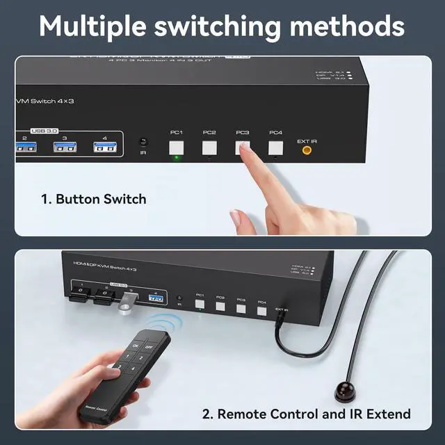 Alt view image 6 of 7 - AUTYUE 8K@60Hz KVM Switch 3 Monitors 4 Computers, 4K@144Hz 2 Displayport + HDMI Triple Monitor KVM Switch for 4 PC Sharing 3 Screens and 4 USB 3.0 Ports, Support Copy & Extended Mode,with Wired Remote