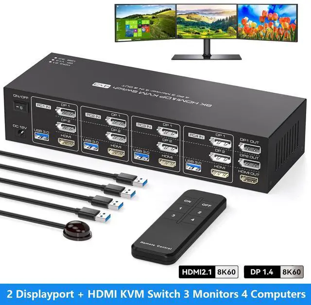 Main image of AUTYUE 8K@60Hz KVM Switch 3 Monitors 4 Computers, 4K@144Hz 2 Displayport + HDMI Triple Monitor KVM Switch for 4 PC Sharing 3 Screens and 4 USB 3.0 Ports, Support Copy & Extended Mode,with Wired Remote