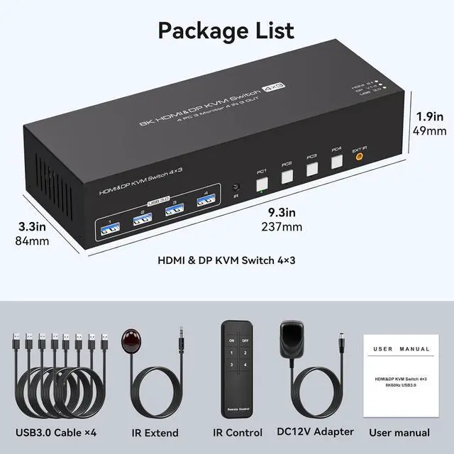 Alt view image 7 of 7 - AUTYUE 8K@60Hz KVM Switch 3 Monitors 4 Computers, 4K@144Hz 2 Displayport + HDMI Triple Monitor KVM Switch for 4 PC Sharing 3 Screens and 4 USB 3.0 Ports, Support Copy & Extended Mode,with Wired Remote