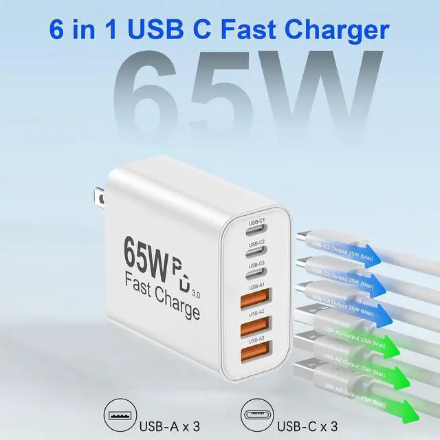 Alt view image 3 of 7 - AUTYUE USB C Fast Charger Block, 65W USB C Wall Charger Plug, 3 Pack 6-Port Type C Phone Charging Cubes Power Adapter Multiport Brick for iPhone 17/16/15/14/Pro Max, iPad mini/Pro, Android Cellphones