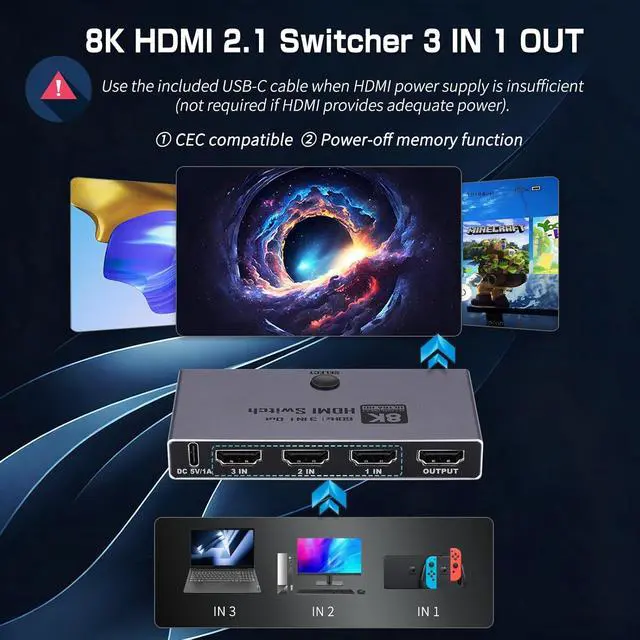 Alt view image 3 of 7 - AUTYUE Upgrade 8K HDMI 2.1 Switch, HDMI 2.1 Switcher 3 In 1 Out Supports CEC 8K@60Hz, 4K@240Hz, 1080P@480Hz HDCP 2.3 HDR Dol-by At-mos Compatible with PS5 Xbox Blu-Ray Player with IR remote controller