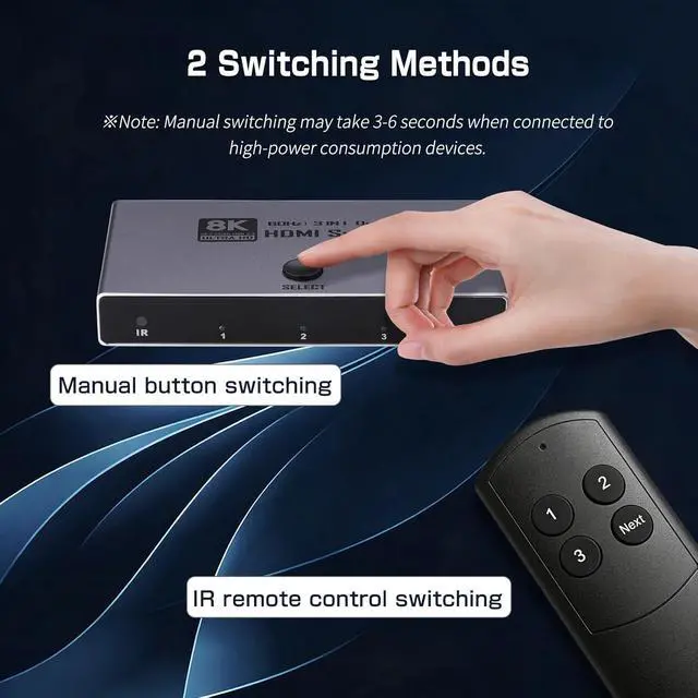 Alt view image 4 of 7 - AUTYUE Upgrade 8K HDMI 2.1 Switch, HDMI 2.1 Switcher 3 In 1 Out Supports CEC 8K@60Hz, 4K@240Hz, 1080P@480Hz HDCP 2.3 HDR Dol-by At-mos Compatible with PS5 Xbox Blu-Ray Player with IR remote controller