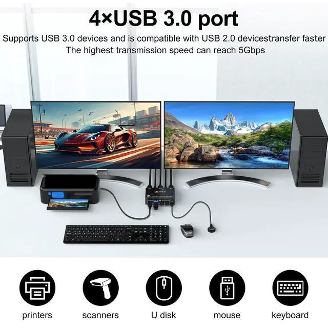 Alt view image 2 of 7 - AUTYUE 2 Ports Displayport KVM Switch 2 Monitors 2 Computers, 8K@30Hz 4K@144Hz Dual Monitor DP USB 3.0 KVM Switch 2 Computers Share 2 Monitors with 4 USB 3.0 Ports, with 2 USB Cables and Wired Remote