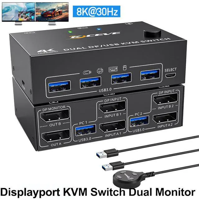 Main image of AUTYUE 2 Ports Displayport KVM Switch 2 Monitors 2 Computers, 8K@30Hz 4K@144Hz Dual Monitor DP USB 3.0 KVM Switch 2 Computers Share 2 Monitors with 4 USB 3.0 Ports, with 2 USB Cables and Wired Remote