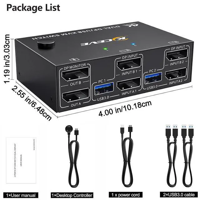 Alt view image 7 of 7 - AUTYUE 2 Ports Displayport KVM Switch 2 Monitors 2 Computers, 8K@30Hz 4K@144Hz Dual Monitor DP USB 3.0 KVM Switch 2 Computers Share 2 Monitors with 4 USB 3.0 Ports, with 2 USB Cables and Wired Remote