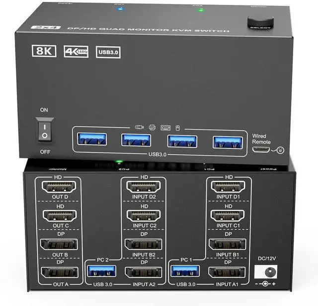 Main image of AUTYUE KVM Switch 4 Monitors 2 Computers, 2 HDMI + 2 DisplayPort Quad Monitors KVM Switch 2 in 4 Out, Support 8K@30Hz/4k@144Hz for 4 Computers Share 4 Displays & 4 USB 3.0 Devices, with Wired Remote