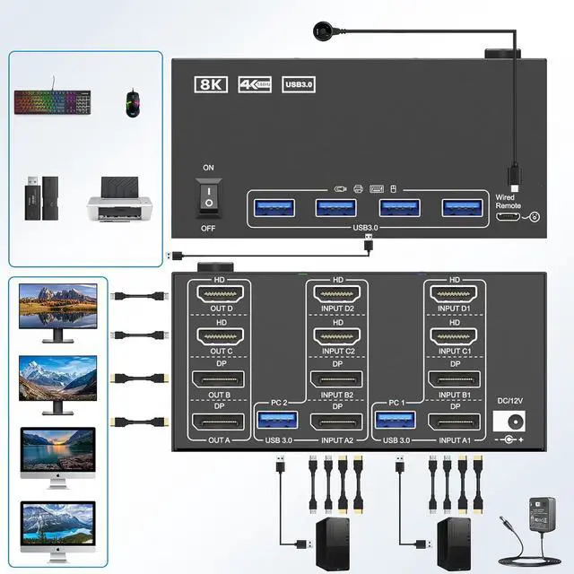 Alt view image 2 of 7 - AUTYUE KVM Switch 4 Monitors 2 Computers, 2 HDMI + 2 DisplayPort Quad Monitors KVM Switch 2 in 4 Out, Support 8K@30Hz/4k@144Hz for 4 Computers Share 4 Displays & 4 USB 3.0 Devices, with Wired Remote