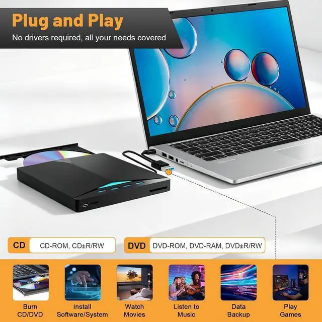 Alt view image 2 of 7 - AUTYUE External CD DVD Drive for Laptop, USB 3.0 & Type-C Portable CD DVD +/-RW Burner Writer Reader with SD/TF Slot & 4 USB Ports, Slim Optical DVD Drive, CD Player for Windows 11/10/8/7/XP Linux Mac