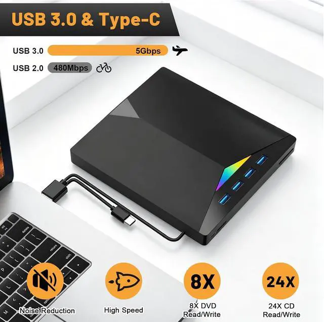 Alt view image 3 of 7 - AUTYUE External CD DVD Drive for Laptop, USB 3.0 & Type-C Portable CD DVD +/-RW Burner Writer Reader with SD/TF Slot & 4 USB Ports, Slim Optical DVD Drive, CD Player for Windows 11/10/8/7/XP Linux Mac