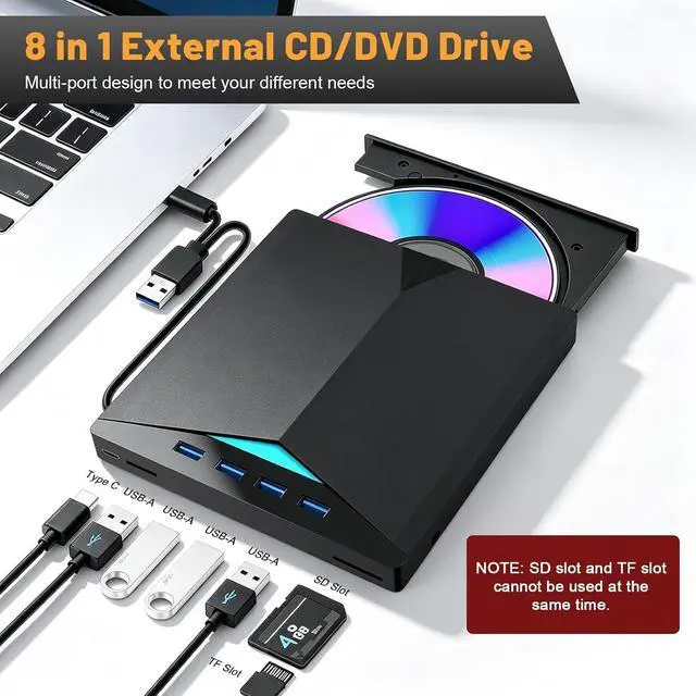 Alt view image 5 of 7 - AUTYUE External CD DVD Drive for Laptop, USB 3.0 & Type-C Portable CD DVD +/-RW Burner Writer Reader with SD/TF Slot & 4 USB Ports, Slim Optical DVD Drive, CD Player for Windows 11/10/8/7/XP Linux Mac