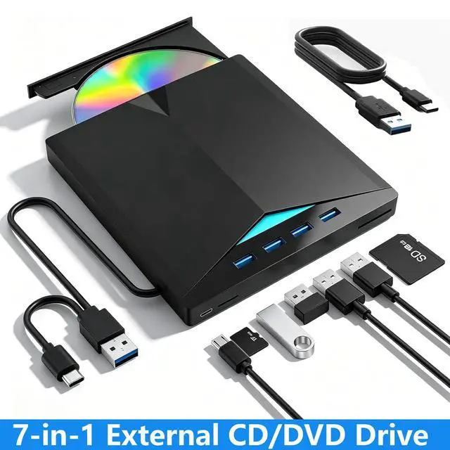 Main image of AUTYUE External CD DVD Drive for Laptop, USB 3.0 & Type-C Portable CD DVD +/-RW Burner Writer Reader with SD/TF Slot & 4 USB Ports, Slim Optical DVD Drive, CD Player for Windows 11/10/8/7/XP Linux Mac