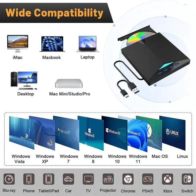 Alt view image 6 of 7 - AUTYUE External CD DVD Drive for Laptop, USB 3.0 & Type-C Portable CD DVD +/-RW Burner Writer Reader with SD/TF Slot & 4 USB Ports, Slim Optical DVD Drive, CD Player for Windows 11/10/8/7/XP Linux Mac