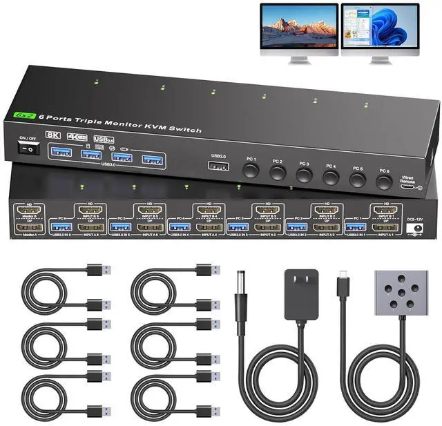Main image of AUTYUE KVM Switch 2 Monitors 6 Computers HDMI + DisplayPort, 8K@30Hz/4k@144Hz Dual Monitor KVM Switcher, HDMI + DP KVM for 6 PCs Share 2 Monitors and 4 USB 3.0 Devices, with Wired Remote,Power Adapter