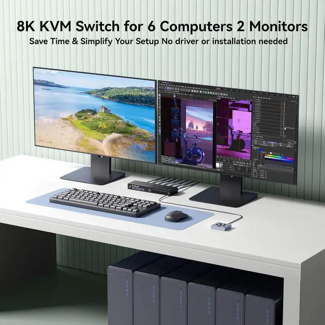 Alt view image 4 of 7 - AUTYUE KVM Switch 2 Monitors 6 Computers HDMI + DisplayPort, 8K@30Hz/4k@144Hz Dual Monitor KVM Switcher, HDMI + DP KVM for 6 PCs Share 2 Monitors and 4 USB 3.0 Devices, with Wired Remote,Power Adapter