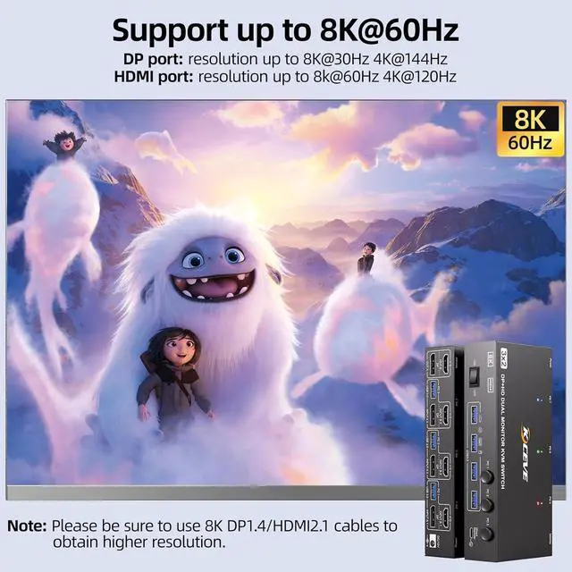 Alt view image 3 of 7 - AUTYUE 8K@60Hz HDMI + Displayport Dual Monitor KVM Switch, 8K@60Hz 4K@144Hz KVM Switch for 3 Computers share 2 Monitors and 4 USB 3.0 Devices, Include Power Adapter, Wired Remote and 3 USB Cables