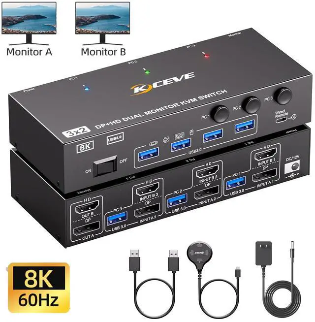 Main image of AUTYUE 8K@60Hz HDMI + Displayport Dual Monitor KVM Switch, 8K@60Hz 4K@144Hz KVM Switch for 3 Computers share 2 Monitors and 4 USB 3.0 Devices, Include Power Adapter, Wired Remote and 3 USB Cables