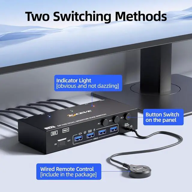 Alt view image 5 of 7 - AUTYUE 8K@60Hz HDMI + Displayport Dual Monitor KVM Switch, 8K@60Hz 4K@144Hz KVM Switch for 3 Computers share 2 Monitors and 4 USB 3.0 Devices, Include Power Adapter, Wired Remote and 3 USB Cables