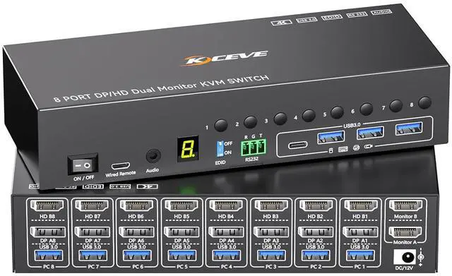 Main image of AUTYUE 8 Port HDMI Displayport KVM Switch 2 Monitors 8 Computers 4K@60Hz EDID Simulation,8 PC Dual Monitor KVM Switch with 4 USB 3.0 Ports,Audio,RS232,with Wired Remote,12V Power Adapter & 8 USB Cable