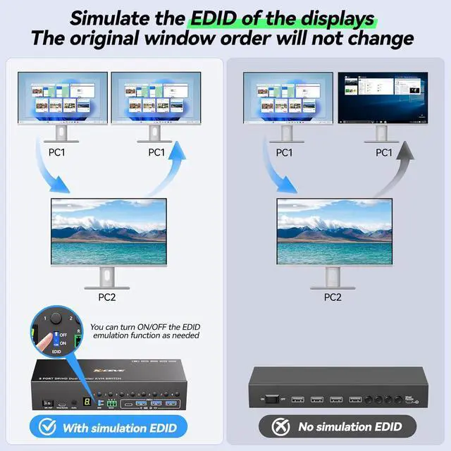 Alt view image 4 of 7 - AUTYUE 8 Port HDMI Displayport KVM Switch 2 Monitors 8 Computers 4K@60Hz EDID Simulation,8 PC Dual Monitor KVM Switch with 4 USB 3.0 Ports,Audio,RS232,with Wired Remote,12V Power Adapter & 8 USB Cable