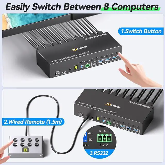 Alt view image 3 of 7 - AUTYUE 8 Port HDMI Displayport KVM Switch 2 Monitors 8 Computers 4K@60Hz EDID Simulation,8 PC Dual Monitor KVM Switch with 4 USB 3.0 Ports,Audio,RS232,with Wired Remote,12V Power Adapter & 8 USB Cable