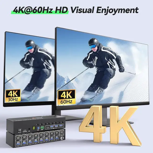 Alt view image 5 of 7 - AUTYUE 8 Port HDMI Displayport KVM Switch 2 Monitors 8 Computers 4K@60Hz EDID Simulation,8 PC Dual Monitor KVM Switch with 4 USB 3.0 Ports,Audio,RS232,with Wired Remote,12V Power Adapter & 8 USB Cable