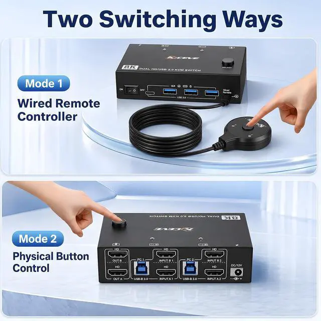 Alt view image 2 of 7 - AUTYUE KVM Switch for 2 Monitors 2 Computers 8K@60Hz 4K@144Hz, USB 3.0 Dual Monitor KVM Switch for Running 2 Computers Across 2 Monitors, Sharing 4 USB 3.0 Devices, with Wired Remote & USB Cables