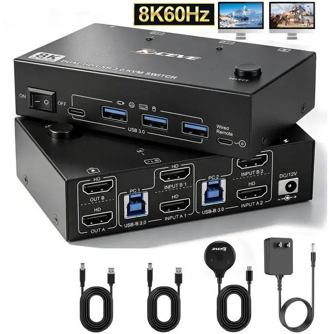 Main image of AUTYUE KVM Switch for 2 Monitors 2 Computers 8K@60Hz 4K@144Hz, USB 3.0 Dual Monitor KVM Switch for Running 2 Computers Across 2 Monitors, Sharing 4 USB 3.0 Devices, with Wired Remote & USB Cables