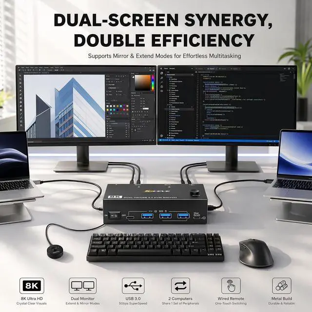 Alt view image 5 of 7 - AUTYUE KVM Switch for 2 Monitors 2 Computers 8K@60Hz 4K@144Hz, USB 3.0 Dual Monitor KVM Switch for Running 2 Computers Across 2 Monitors, Sharing 4 USB 3.0 Devices, with Wired Remote & USB Cables