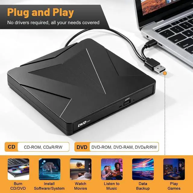 Alt view image 2 of 7 - AUTYUE External CD DVD Drive for Laptop, USB 3.0 & Type-C Portable CD DVD +/-RW Drive, DVD/CD ROM Burner Reader, Slim Optical DVD Drive, CD Player for Windows 11/10/8/7/XP Linux macOS Laptop Desktop