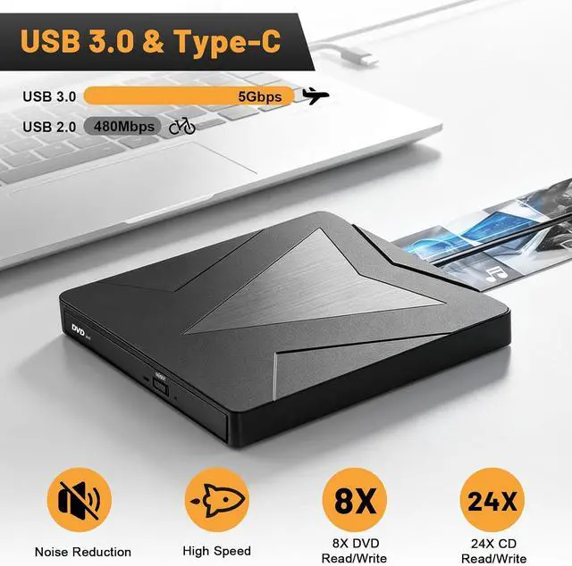 Alt view image 4 of 7 - AUTYUE External CD DVD Drive for Laptop, USB 3.0 & Type-C Portable CD DVD +/-RW Drive, DVD/CD ROM Burner Reader, Slim Optical DVD Drive, CD Player for Windows 11/10/8/7/XP Linux macOS Laptop Desktop