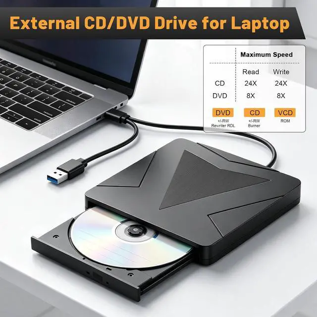 Alt view image 3 of 7 - AUTYUE External CD DVD Drive for Laptop, USB 3.0 & Type-C Portable CD DVD +/-RW Drive, DVD/CD ROM Burner Reader, Slim Optical DVD Drive, CD Player for Windows 11/10/8/7/XP Linux macOS Laptop Desktop