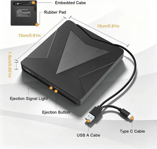 Alt view image 7 of 7 - AUTYUE External CD DVD Drive for Laptop, USB 3.0 & Type-C Portable CD DVD +/-RW Drive, DVD/CD ROM Burner Reader, Slim Optical DVD Drive, CD Player for Windows 11/10/8/7/XP Linux macOS Laptop Desktop