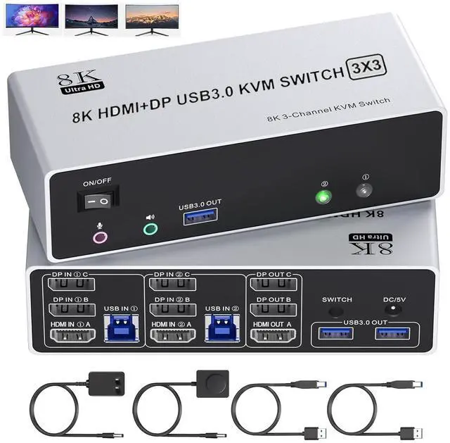 Main image of AUTYUE KVM Switch 3 Monitors 2 Computers 4K@144Hz/8K@60Hz, USB 3.0 HDMI + 2 Dispalyport KVM Switch Triple Monitor for 2 PC Share 3 Monitors and Keyboard Mouse, Wired Remote and USB 3.0 Cables Included