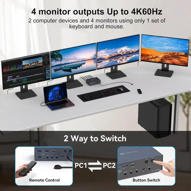 Alt view image 4 of 7 - AUTYUE USB C KVM Switch 4 Monitors 2 Computers Docking Station 4K@60Hz for M1/M2/M3/M4 Thunderbolt KVM Switch Support USB3.0/USB C in DP/HDMI Out with Displaylink Copy/Extended Mode