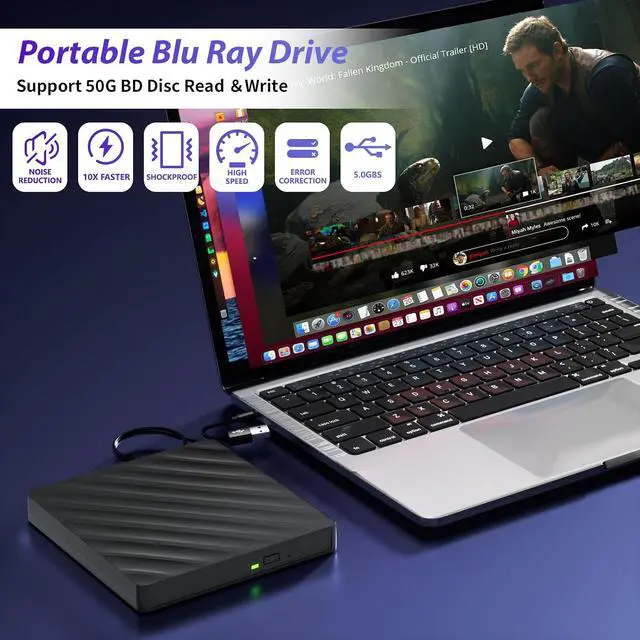Alt view image 3 of 7 - AUTYUE 5 in 1 External Blu-Ray Drive, External Blu Ray CD DVD Drive with USB 3.0 Type-C, Bluray Read/Writer with SD/TF Port, 3D CD/DVD/BD Burner Portable Blu Ray Player for Laptop Windows Desktop