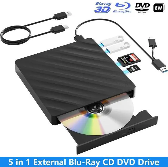 Main image of AUTYUE 5 in 1 External Blu-Ray Drive, External Blu Ray CD DVD Drive with USB 3.0 Type-C, Bluray Read/Writer with SD/TF Port, 3D CD/DVD/BD Burner Portable Blu Ray Player for Laptop Windows Desktop