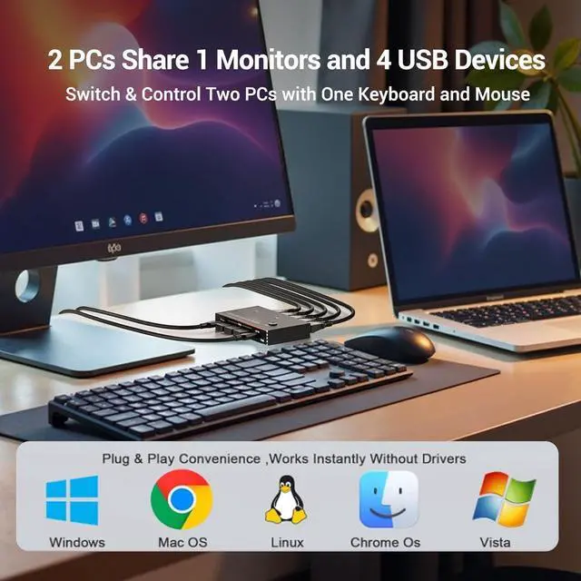 Alt view image 6 of 7 - AUTYUE DisplayPort KVM Switch 1 Monitors 2 Computers - 4K@60Hz Display Port Switcher for Two Computers, DP KVM Switches with 4 USB 3.0 Ports Share Keyboard Mouse Printer for 2 PC Laptop Game Console