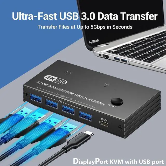 Alt view image 5 of 7 - AUTYUE DisplayPort KVM Switch 1 Monitors 2 Computers - 4K@60Hz Display Port Switcher for Two Computers, DP KVM Switches with 4 USB 3.0 Ports Share Keyboard Mouse Printer for 2 PC Laptop Game Console