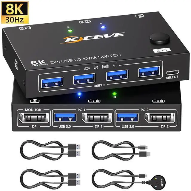 Main image of AUTYUE KVM Switch Displayport 2 Port 8K@30Hz, 2 in 1 Out Displayport KVM Switches for 2 Computers Share 1 Monitor and 4 USB 3.0 Ports, Wired Remote and 2 USB Cables Included