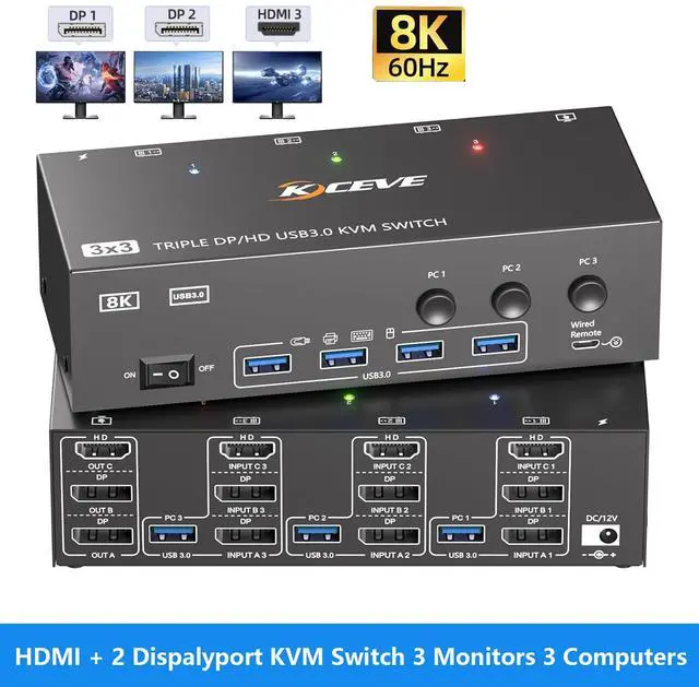 Main image of AUTYUE HDMI +2 Dispalyport KVM Switch 3 Monitors 3 Computers 8K@60Hz 4K@144Hz, Triple Monitor KVM Switches for 3 PC Share 3 Screens and 4 USB 3.0 Ports, Support Extended/Mirror Mode, with Wired Remote