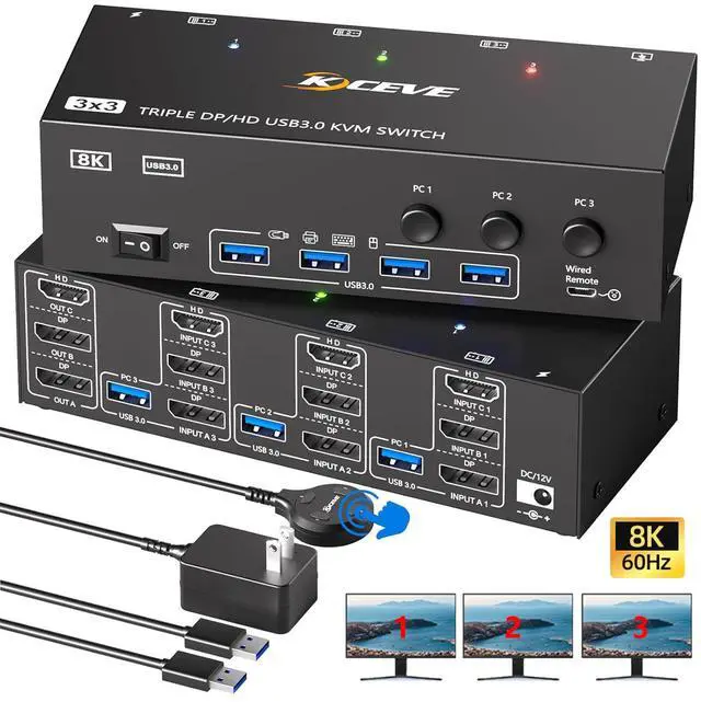 Main image of AUTYUE 2 DP + HDMI KVM Switch 3 Monitors 3 Computers,Triple Monitor KVM Switch with 4 USB3.0 Port for Keyboard Mouse Printer Support Extended/Mirror Mode, USB Cables, Controller&Power Adapter Included