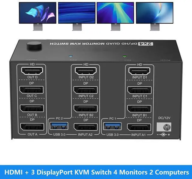 Main image of AUTYUE HDMI + 3 DisplayPort KVM Switch 4 Monitors 2 Computers, 4K@120Hz/8K@30Hz Quad Monitors KVM Switches for 2 PCs Share 4 Monitors, with 4 USB 3.0 Ports for Keyboard Mouse, with Wired Remote