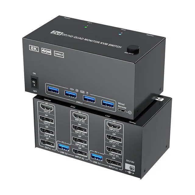 Alt view image 7 of 7 - AUTYUE HDMI + 3 DisplayPort KVM Switch 4 Monitors 2 Computers, 4K@120Hz/8K@30Hz Quad Monitors KVM Switches for 2 PCs Share 4 Monitors, with 4 USB 3.0 Ports for Keyboard Mouse, with Wired Remote