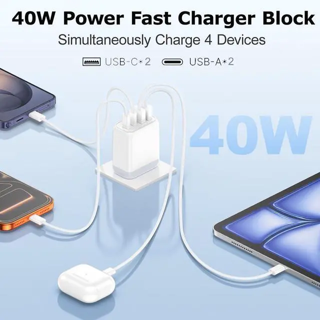 Alt view image 2 of 7 - AUTYUE USB C Charger Block, 2 Pack 40W 4-Port USB C Charging Block, Wall Charger Block, USB Fast Charging, Multiport Type C PD+QC Power Plug for i Phone 17/Air/16/15/14/13/12/11,Galaxy,iPad, Tablet PC