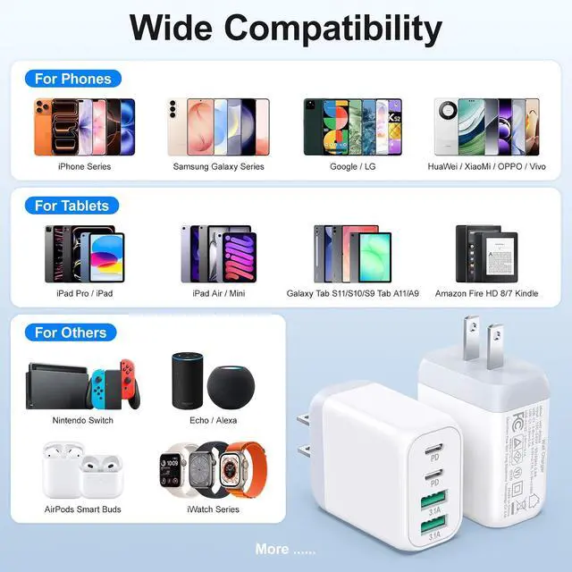 Alt view image 6 of 7 - AUTYUE USB C Charger Block, 2 Pack 40W 4-Port USB C Charging Block, Wall Charger Block, USB Fast Charging, Multiport Type C PD+QC Power Plug for i Phone 17/Air/16/15/14/13/12/11,Galaxy,iPad, Tablet PC