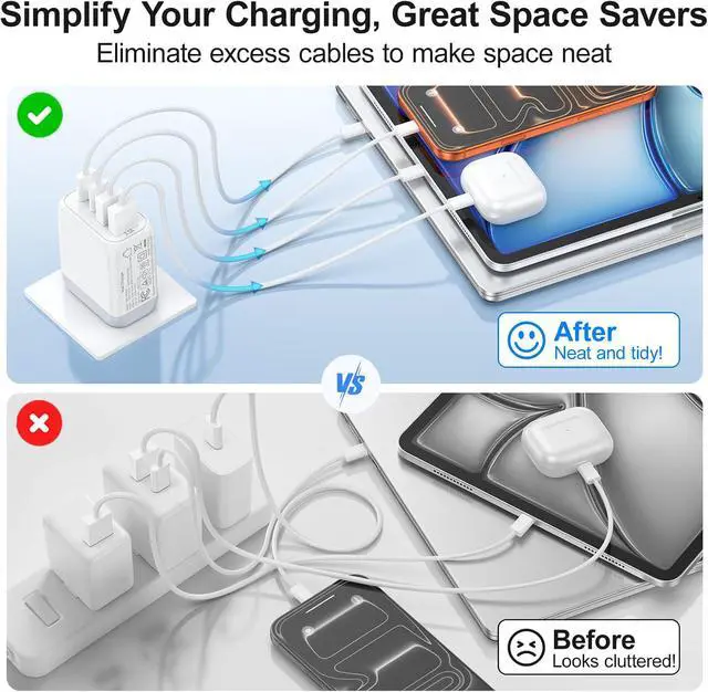 Alt view image 4 of 7 - AUTYUE USB C Charger Block, 2 Pack 40W 4-Port USB C Charging Block, Wall Charger Block, USB Fast Charging, Multiport Type C PD+QC Power Plug for i Phone 17/Air/16/15/14/13/12/11,Galaxy,iPad, Tablet PC