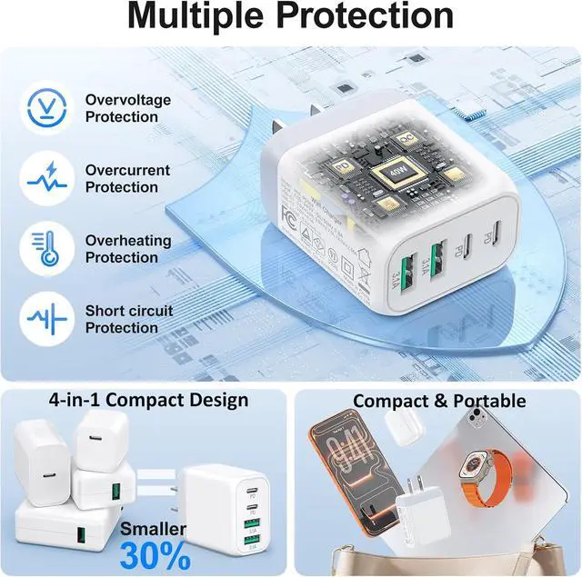 Alt view image 5 of 7 - AUTYUE USB C Charger Block, 2 Pack 40W 4-Port USB C Charging Block, Wall Charger Block, USB Fast Charging, Multiport Type C PD+QC Power Plug for i Phone 17/Air/16/15/14/13/12/11,Galaxy,iPad, Tablet PC