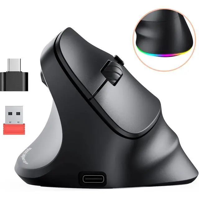 Alt view image 2 of 7 - AUTYUE Left-Handed Ergonomic Wireless Mouse, Vertical RGB Mouse, Bluetooth 5.2 & 3.0 + 2.4G USB-A with USB-C Adapter, 4 Adjustable DPI Rechargeable Wireless Mouse for Windows/Mac/PC/Tablet/Black