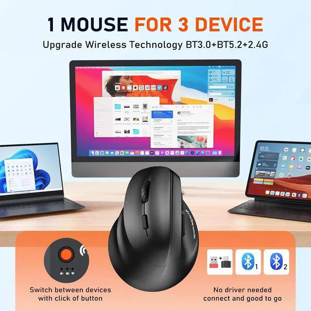 Alt view image 3 of 7 - AUTYUE Left-Handed Ergonomic Wireless Mouse, Vertical RGB Mouse, Bluetooth 5.2 & 3.0 + 2.4G USB-A with USB-C Adapter, 4 Adjustable DPI Rechargeable Wireless Mouse for Windows/Mac/PC/Tablet/Black