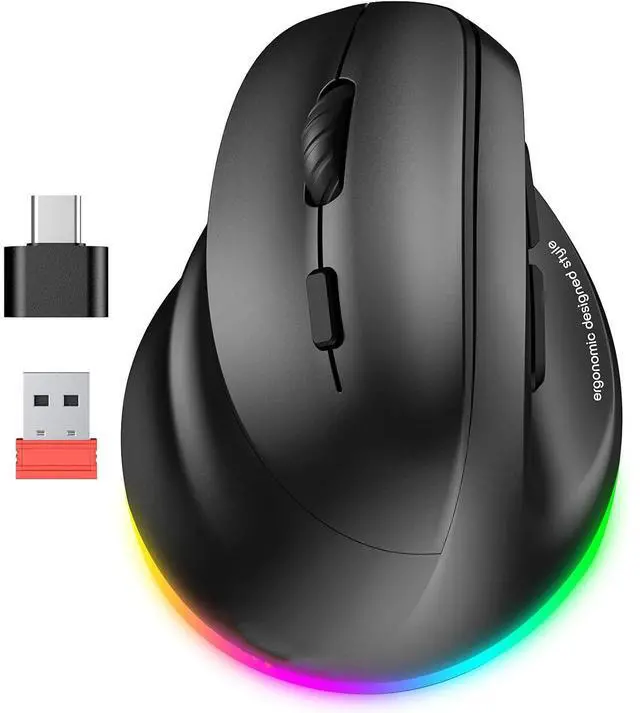 Main image of AUTYUE Left-Handed Ergonomic Wireless Mouse, Vertical RGB Mouse, Bluetooth 5.2 & 3.0 + 2.4G USB-A with USB-C Adapter, 4 Adjustable DPI Rechargeable Wireless Mouse for Windows/Mac/PC/Tablet/Black